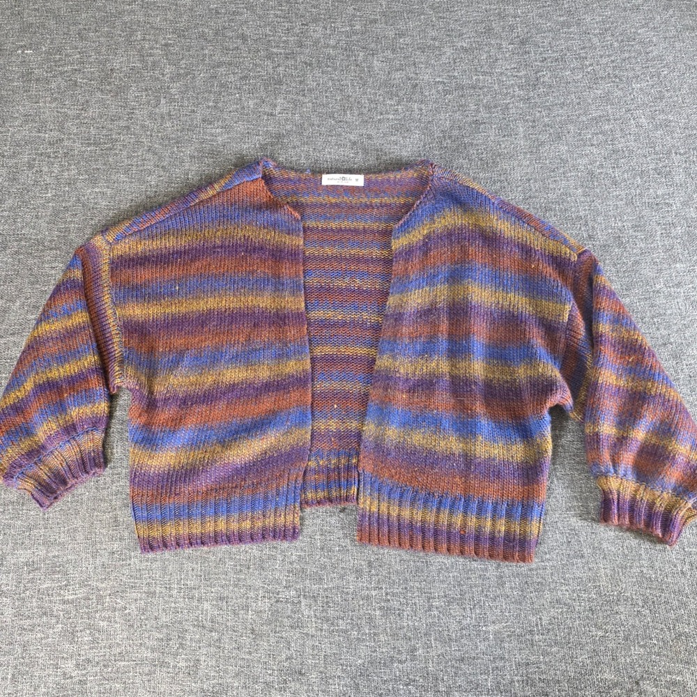 Natural Life Striped Open Front Cardigan Multi Color Chunky Knit Cropped Medium